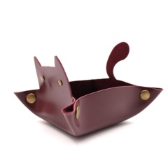 Leather Dice Tray Cat Shape Storage - Burgandy